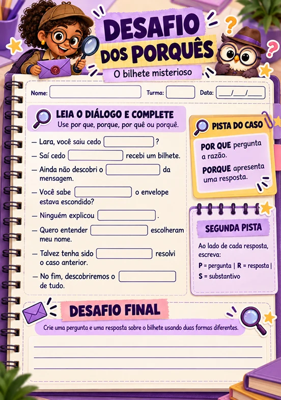 Português · Desafio dos Porquês · O Bilhete Misterioso
